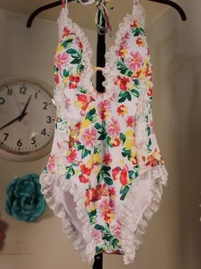 White Floral Ruffle One-Piece Swimsuit